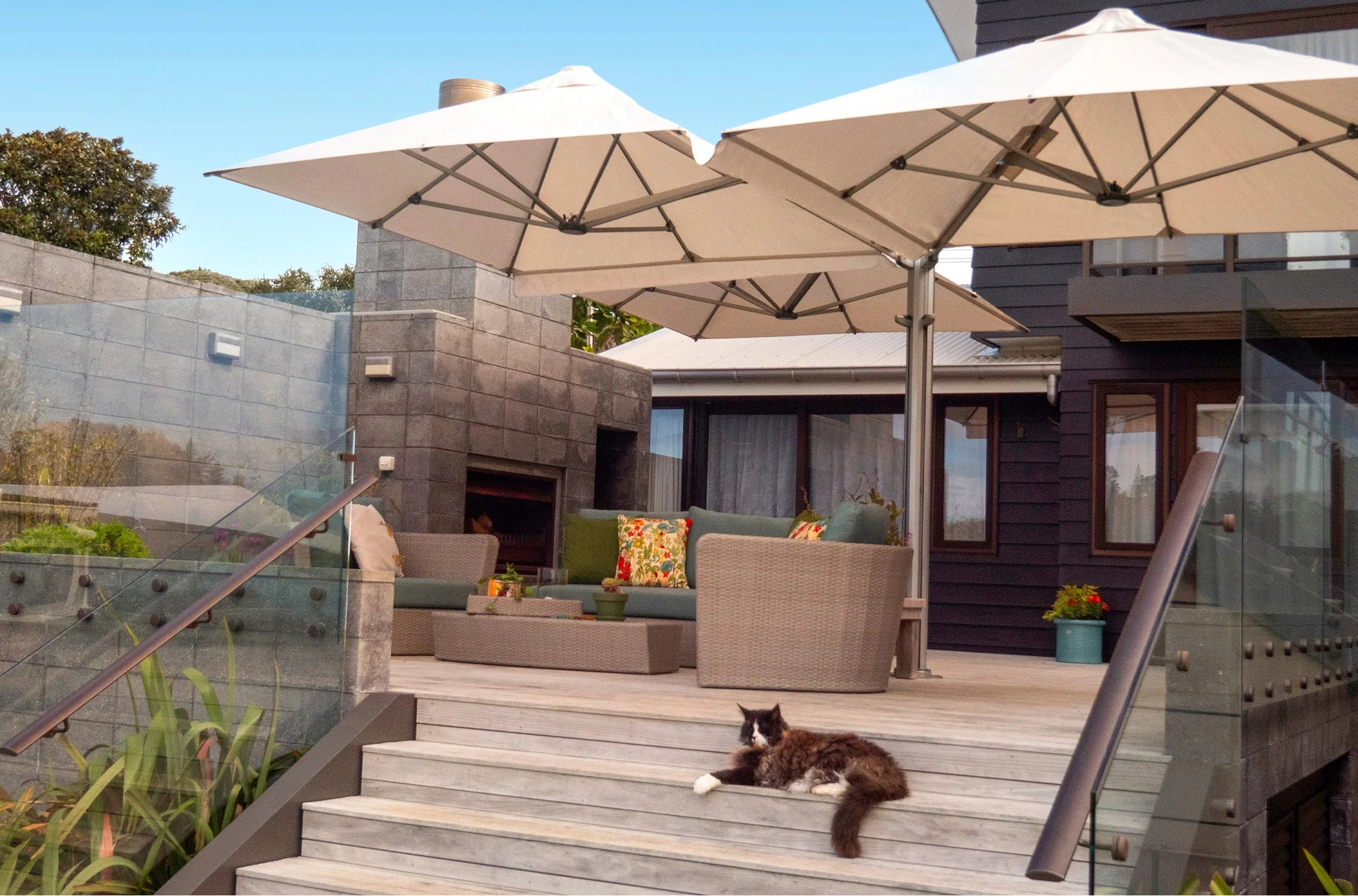 Outdoor patio area with large umbrellas, furniture, and a cat on steps.